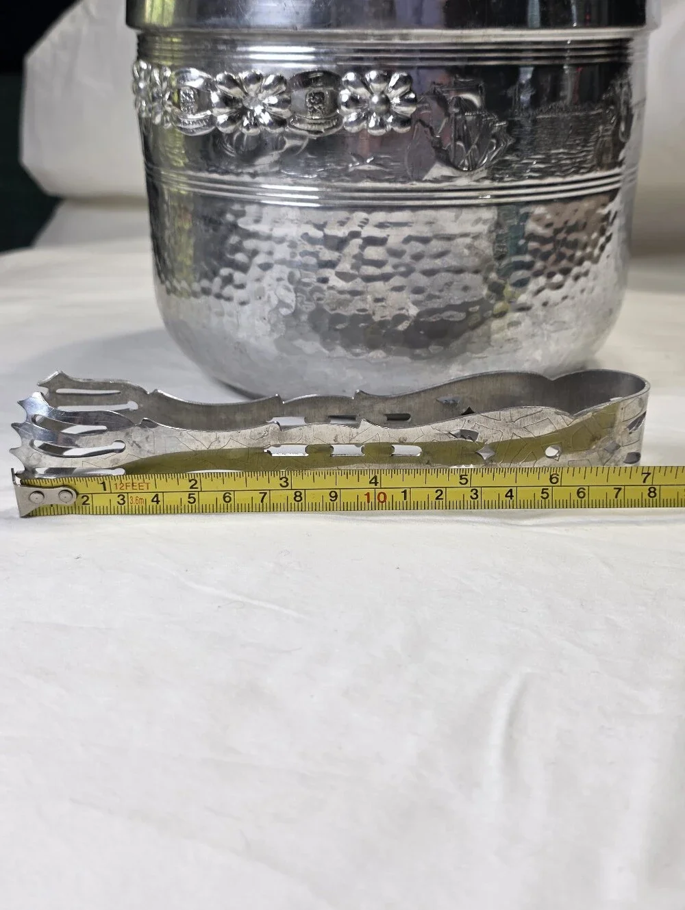 Vintage Forman Family Hammered Aluminum Ice Bucket & Tongs